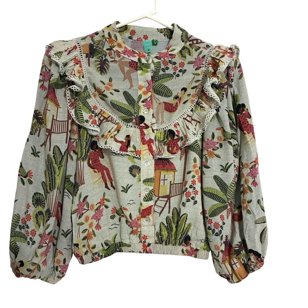 Farm Rio Secret Garden Women’s Blouse Size P Small Ruffles Elastic Waist Boho